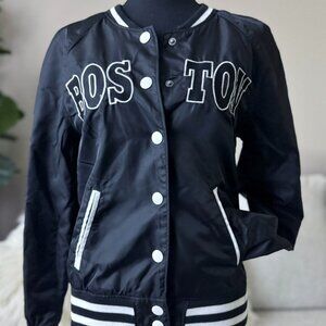 Womens Black & White Boston Varsity Letterman Divided H&M Satin Jacket 4 Small